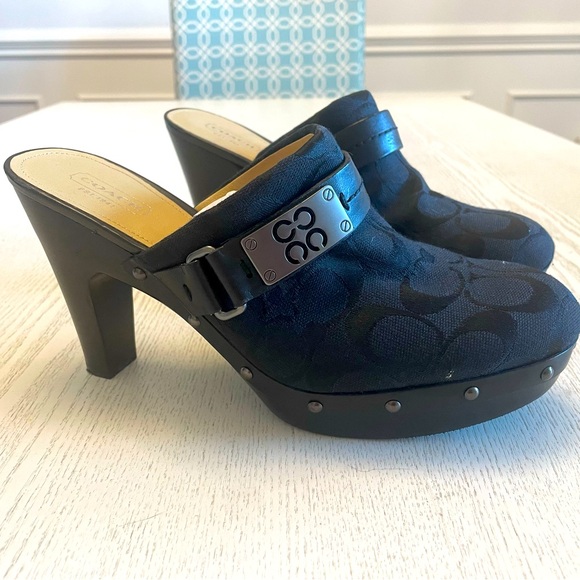 Coach Ivy Black Wooden Platform Studded Mule Clogs Heel Logo Womens Size 8 - Picture 3 of 6